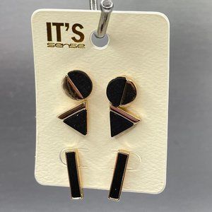 Wood Grain and Gold Tone Stud Earrings in Black